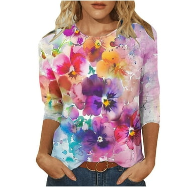GERsome Womens Crew Neck 3/4 Sleeve T Shirts Casual Floral Print Tunic Tops Basic Loose Fit Tees