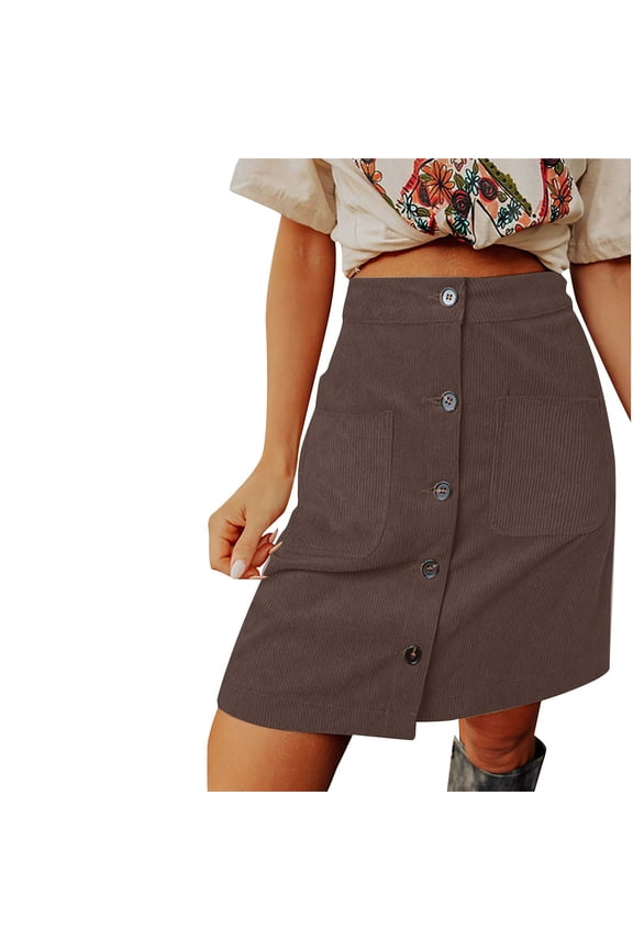 Womens Fall Winter Corduroy Skirt High Waist Button Down A-line Short Mini Skirts with Pockets