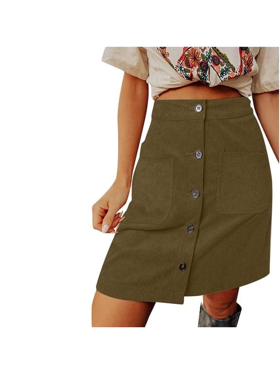 Womens Fall Winter Corduroy Skirt High Waist Button Down A-line Short Mini Skirts with Pockets