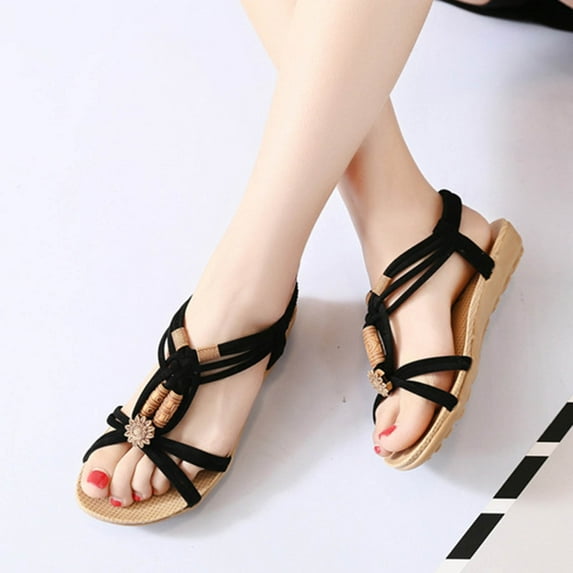 GERsome Womens Flat Sandals Dressy Summer Comfort Bohemian Beaded Beach Shoes Ankle Elastic Casual Walking Sandals
