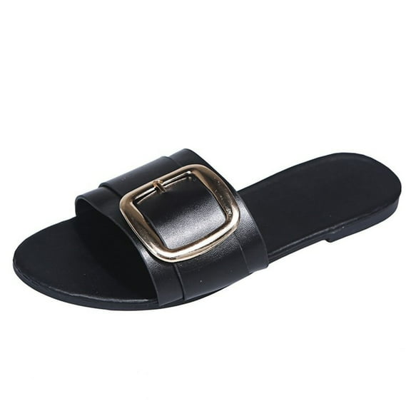 GERsome Womens Flat Sandals Fashion Round Open Toe Slip On Slides with Metal Buckle Slippers for Summer