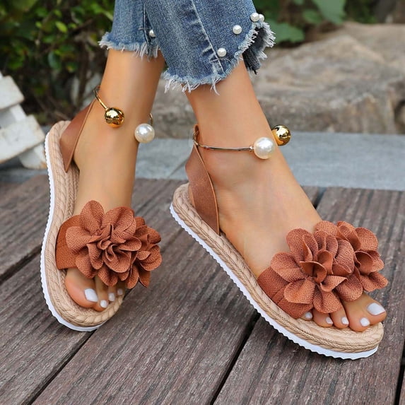 GERsome Womens Flat Sandals Open Toe Slingback Summer Outdoor Sandals Dressy Floral Beach Vacation Walking Shoes Brown Size 9
