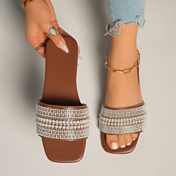 GERsome Womens Flats Sandals Summer Slip-On Square Open Toe Slides Dressy Faux Pearls Beach Vacation Walking Shoes Brown Size 5.5