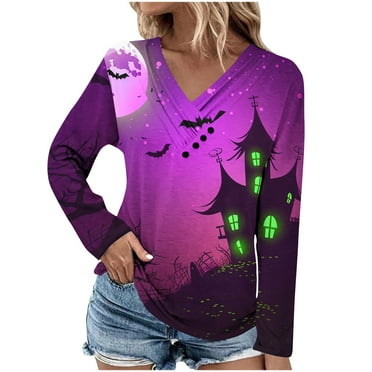 GERsome Womens Halloween Long Sleeve Tunic Tops Shirt V-neck Button Blouse Casual Pleated Basic Pullover Halloween Print Casual Comfy Blouses Size S