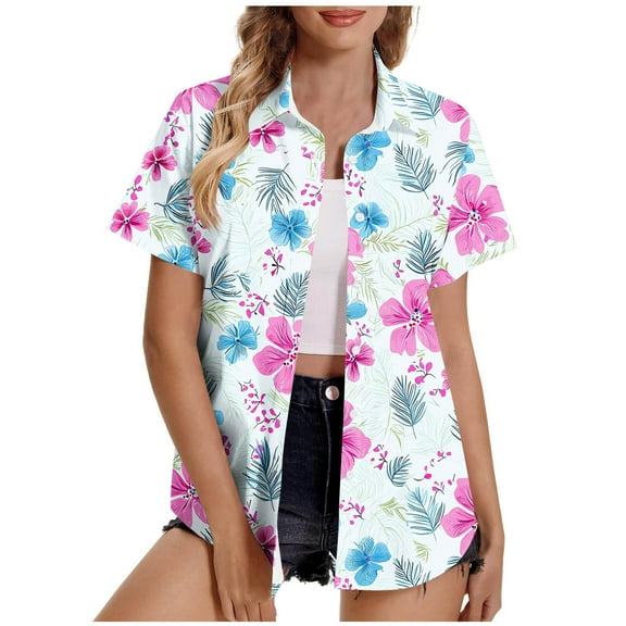 GERsome Womens Hawaiian Button Down Shirts Casual Short Sleeve Floral Print Blouses Summer Tops, Sizes S-5XL