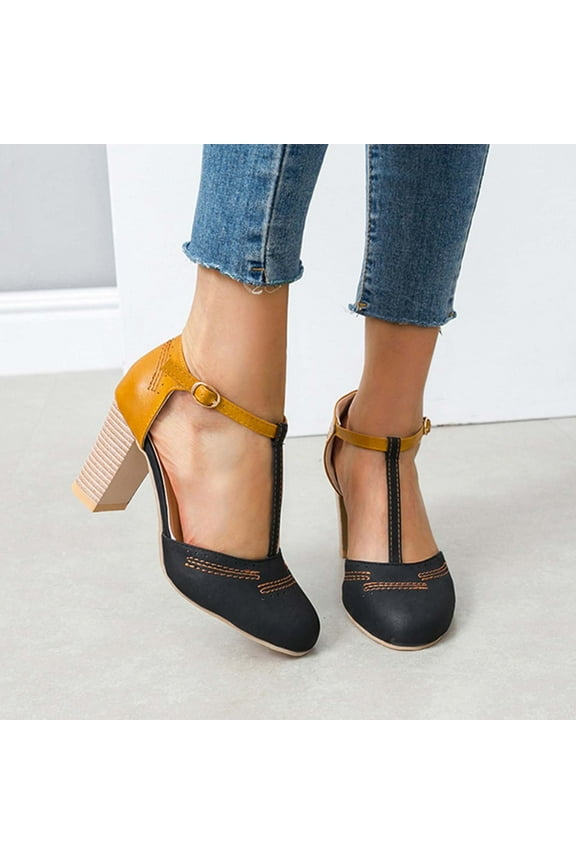 Womens Heels Shoes, Chunky Heels Dress Shoes for Women Close Round Toe Pumps Shoes with Buckle Strap for Office Party Casual Wedding