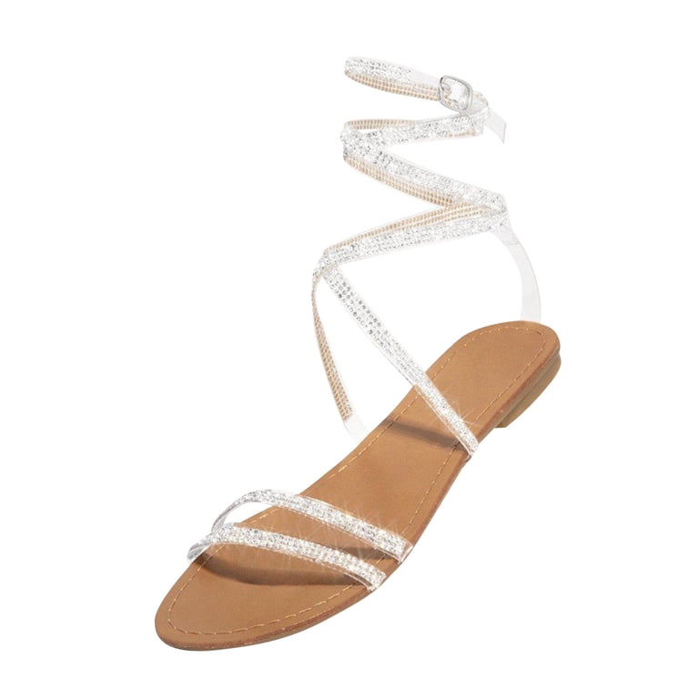 GERsome Womens Lace up Rhinestone Flat Sandals Ankle Wrap Tie up