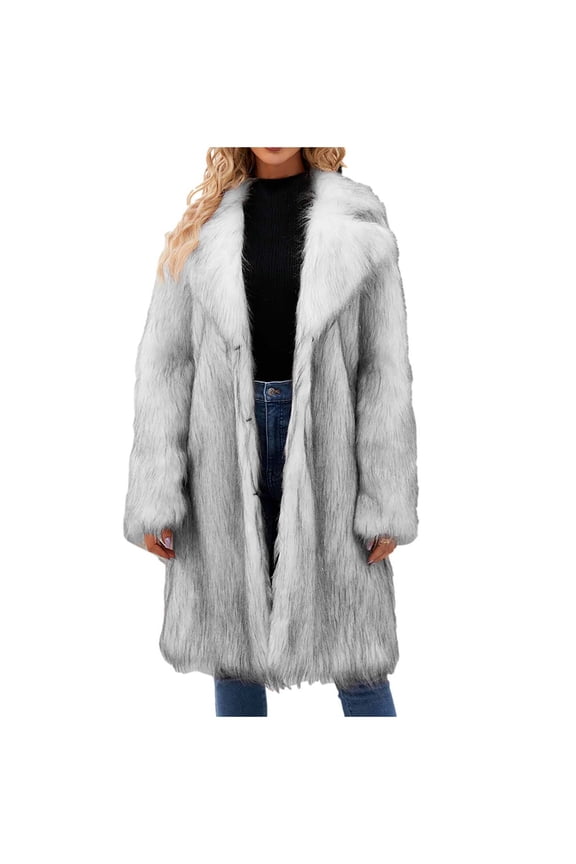 Womens Long Sleeve Winter Warm Lapel Fox Faux Fur Coat Jacket Overcoat Outwear with Pockets