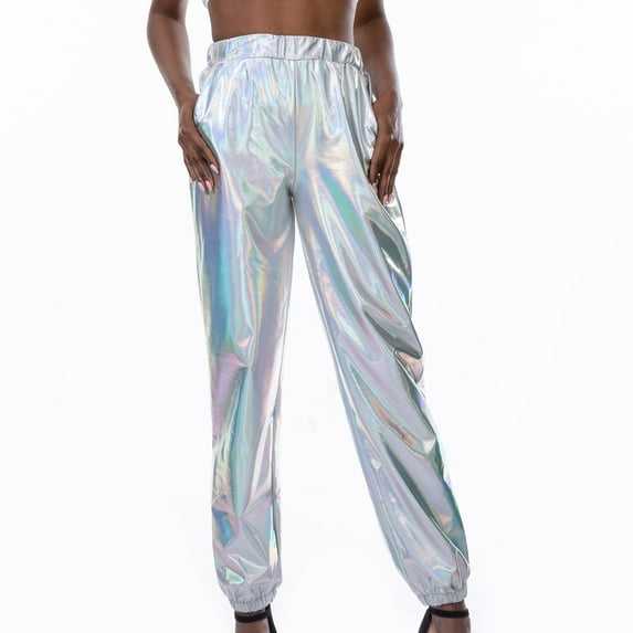 GERsome Womens Metallic Shiny Jogger Pants, Casual High Waisted Harem Pant Holographic Color Hip Hop Trousers Streetwear