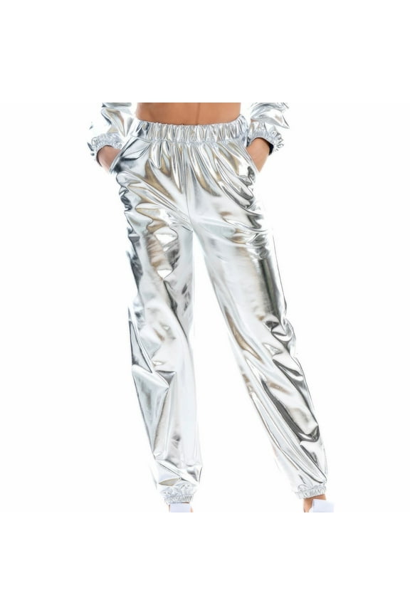 Womens Metallic Shiny Jogger Pants, Casual High Waisted Harem Pant Holographic Color Hip Hop Trousers Streetwear