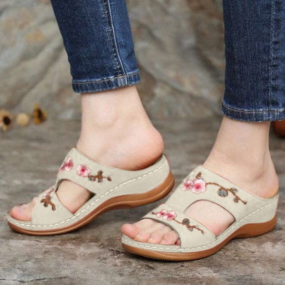 GERsome Womens Open Toe Fancy Flower Wedge Orthopedic Sandals,Hollowed Slip on Arch Support Sandals Casual Bohemian Fashion Non-Slip Lightweight Slippers