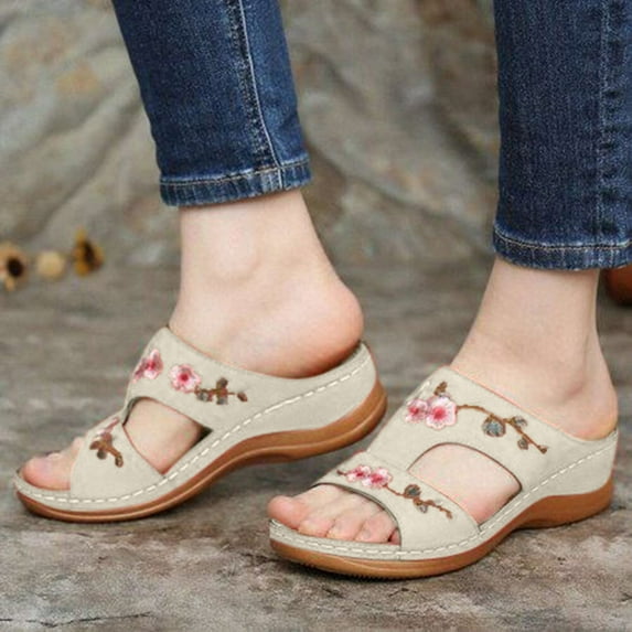 GERsome Womens Open Toe Fancy Flower Wedge Orthopedic Sandals,Hollowed Slip on Arch Support Sandals Casual Bohemian Fashion Non-Slip Lightweight Slippers