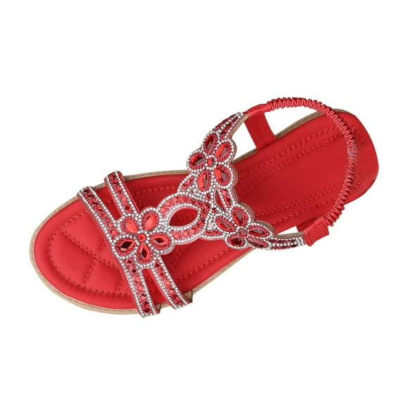 GERsome Womens Open Toe Sandals Rhinestone Bohemian Elastic Ankle Strap Comfort Walking Flats Summer Beach Sandals, Red Size 7.5