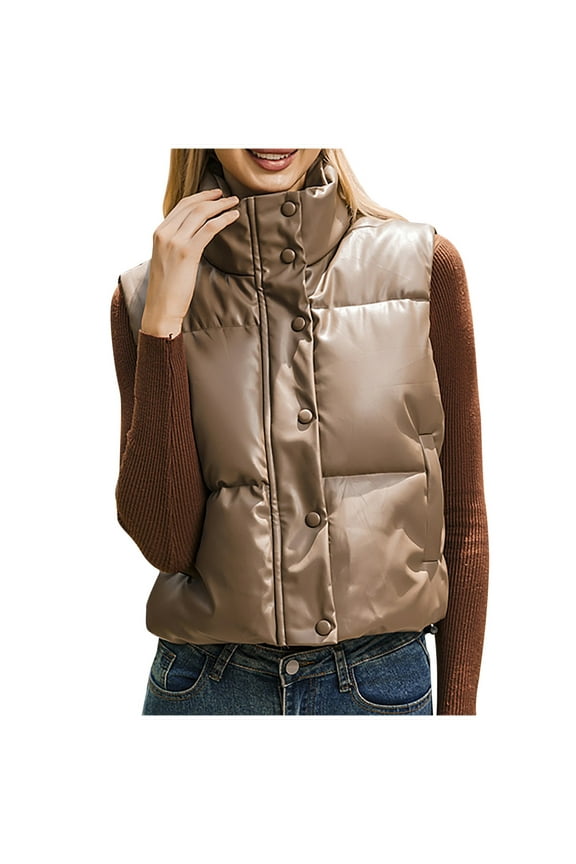 Womens PU Leather Cropped Puffer Vest Winter Faux Leather Zip Up Sleeveless Jacket