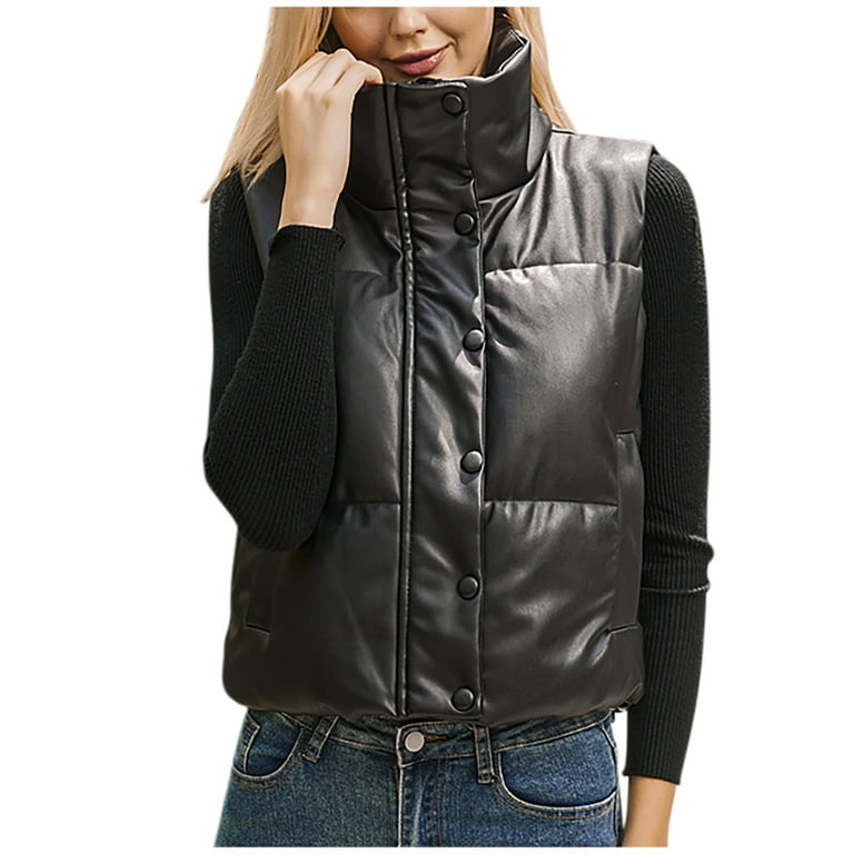 GERsome Womens PU Leather Cropped Puffer Vest Winter Faux Leather