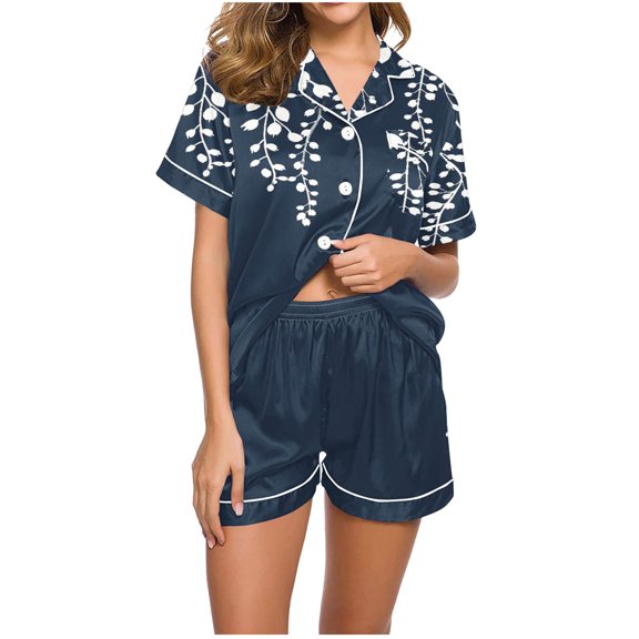 GERsome Womens Pajama Sets 2 Piece Sleepwear Pjs Set Short Sleeve Button Down Top and Short Color Block & Floral Print Loungewear S-XXL