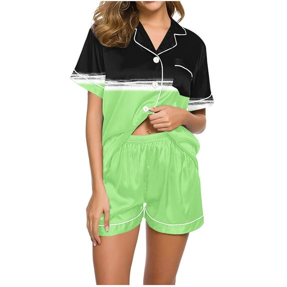 GERsome Womens Pajama Sets 2 Piece Sleepwear Pjs Set Short Sleeve Button Down Top and Short Color Block & Floral Print Loungewear S-XXL