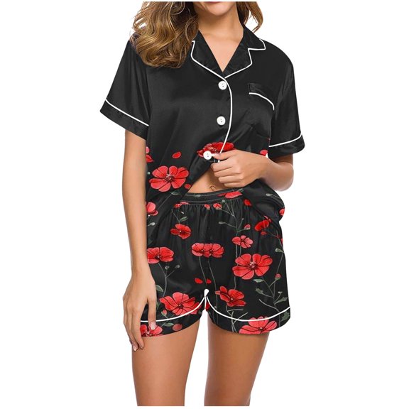 GERsome Womens Pajama Sets 2 Piece Sleepwear Pjs Set Short Sleeve Button Down Top and Short Color Block & Floral Print Loungewear S-XXL