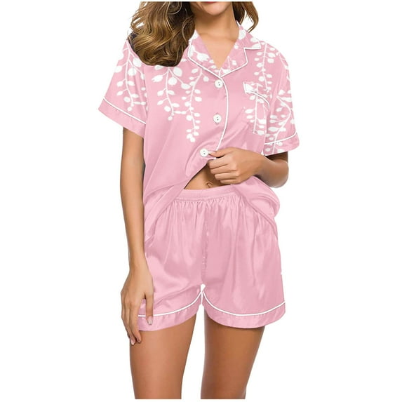 GERsome Womens Pajama Sets 2 Piece Sleepwear Pjs Set Short Sleeve Button Down Top and Short Color Block & Floral Print Loungewear S-XXL