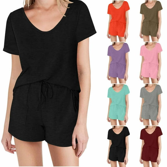 GERsome Womens Pajamas Set 2 Piece Short Sleeves PJs V-Neck Tops and Drawstring Waist Shorts Soft Lounge Set S-2XL (Black,L)