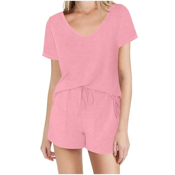 GERsome Womens Pajamas Set 2 Piece Short Sleeves PJs V-Neck Tops and Drawstring Waist Shorts Soft Lounge Set S-2XL (Pink,S)