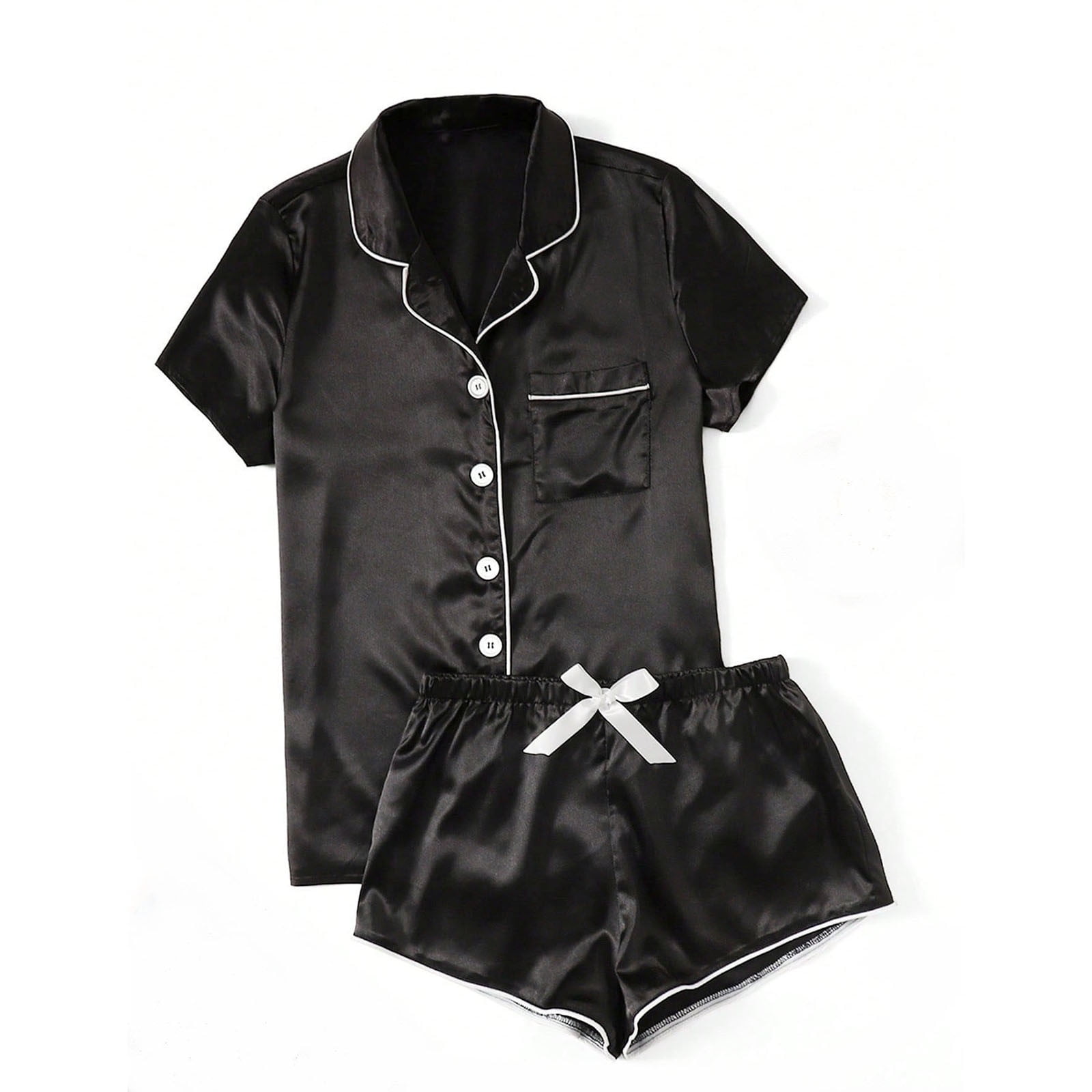 LecGee Women's Short Sleeve Pajama Set - Button Down V-Neck Sleepwear, Soft Satin Lounge Pjs