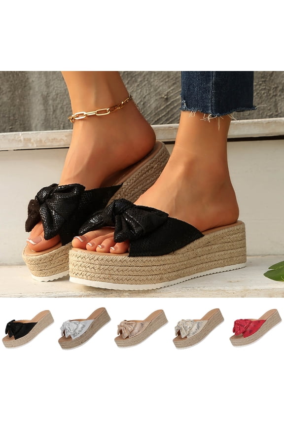 Womens Platform Sandals Open Toe Espadrilles Slip-On Wedge Slide Sandals Bowknot Summer Beach Mules, Size 6
