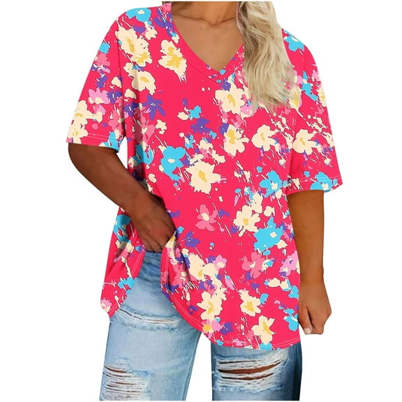 GERsome Womens Plus Size Floral T-shirts Short Sleeve V-neck Summer Tee Shirts Casual Loose Tunic Tops, Sizes XL-5XL