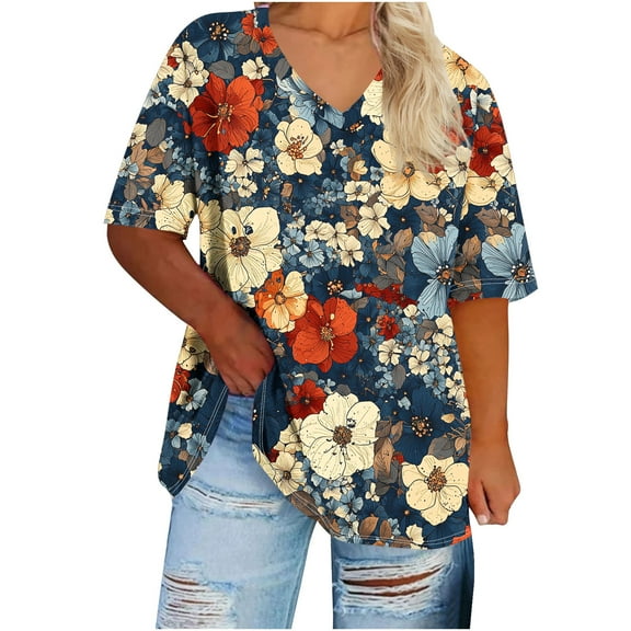 GERsome Womens Plus Size Floral T-shirts Short Sleeve V-neck Summer Tee Shirts Casual Loose Tunic Tops, Sizes XL-5XL