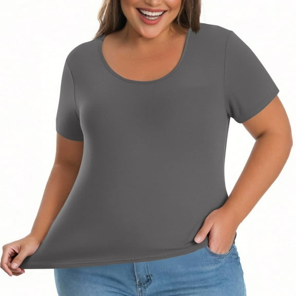GERsome Womens Plus Size Short Sleeve Tops Crewneck T-Shirt with Built in Bra Summer Slim Fit Yoga Workout Layering Undershirts L-5XL