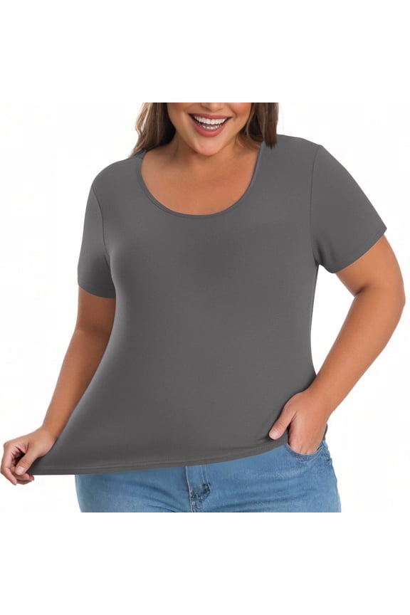 Womens Plus Size Short Sleeve Tops Crewneck T-Shirt with Built in Bra Summer Slim Fit Yoga Workout Layering Undershirts L-5XL