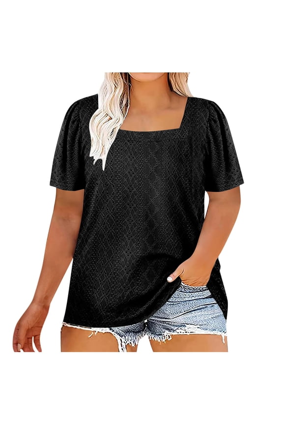Womens Plus Size Summer Tops Square Neck T Shirts Puff Short Sleeve Shirt Eyelet Tunics Summer Casual Loose Blouses XL-5XL