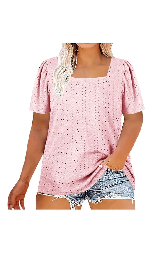 Womens Plus Size Summer Tops Square Neck T Shirts Puff Short Sleeve Shirt Eyelet Tunics Summer Casual Loose Blouses XL-5XL