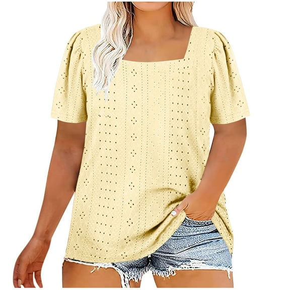 GERsome Womens Plus Size Summer Tops Square Neck T Shirts Puff Short Sleeve Shirt Eyelet Tunics Summer Casual Loose Blouses XL-5XL