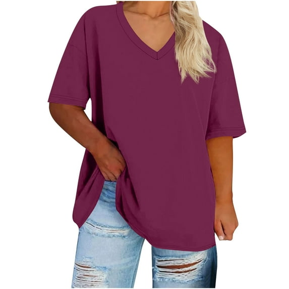 GERsome Womens Plus Size Tops Summer Short Sleeve Casual V Neck Tunics Trendy Solid Color Loose Fit T-Shirts