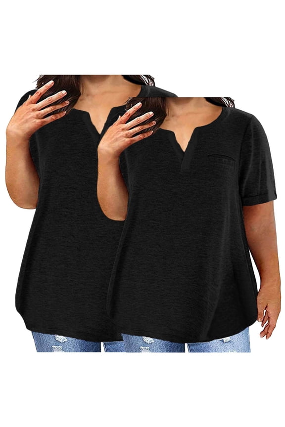 Womens Plus Size V Neck T-Shirts Summer Short Sleeve Solid Color Tops Casual Loose Fit Soft Basic Tees, 2 Pack, Sizes L-5XL