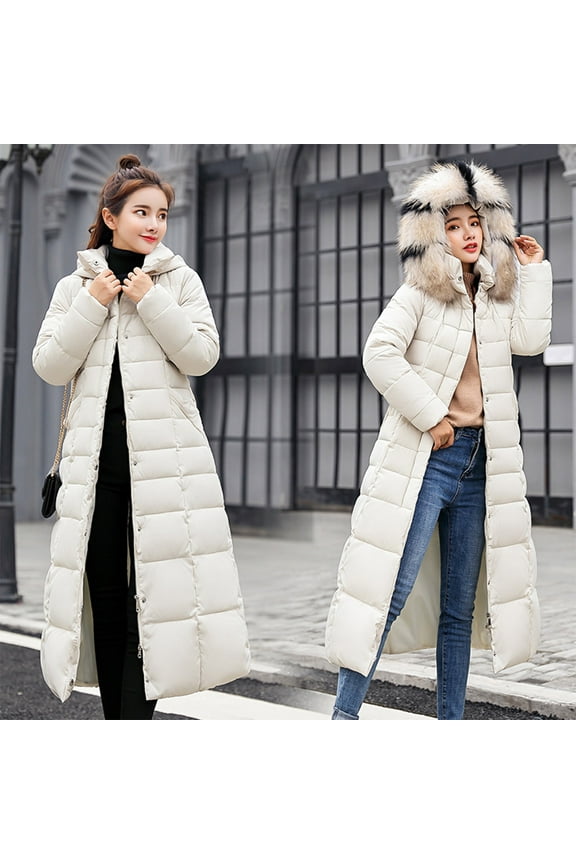 Womens Puffer Jacket, Winter Coats for Women Fashion Long Hooded Padded Bubble Coat with Faux Fur Collar