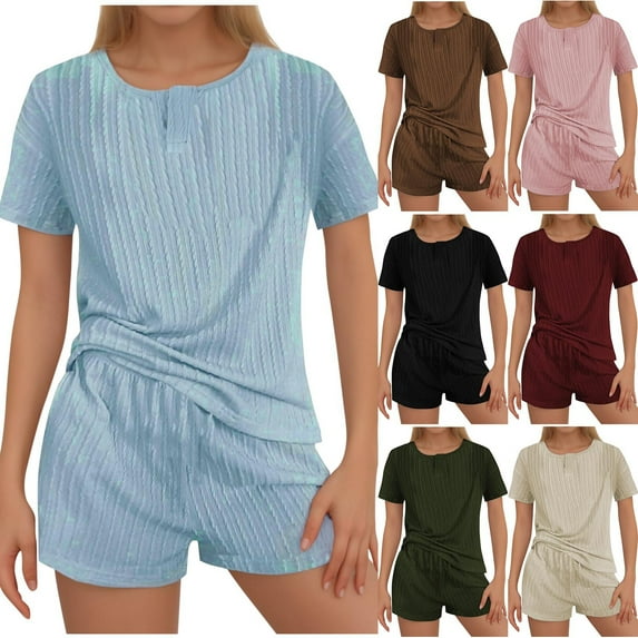 GERsome Womens Ribbed Knit Lounge Sets Short Sleeve Tops and Shorts Sleepwear Pajama Set Two Piece Shorts Outfits Set M-2XL (Light Blue,L)