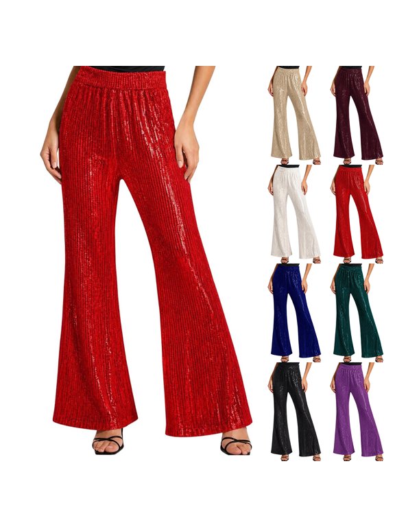 Womens Sequin Flare Pants Sparkly High Waisted Bell Bottom Glitter Trousers for Night Out Party Red Size XL