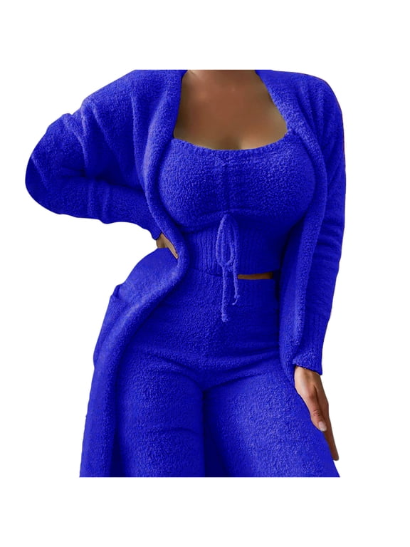 Womens Sexy Fuzzy 3 Piece Outfits Fleece Warm Hooded Cardigan Crop Top Pant Set Pajamas Loungewear