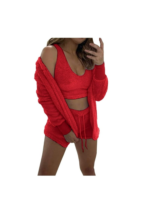 Womens Sexy Fuzzy 3 Piece Outfits Fleece Warm Hooded Cardigan Crop Top Shorts Set Pajamas Loungewear