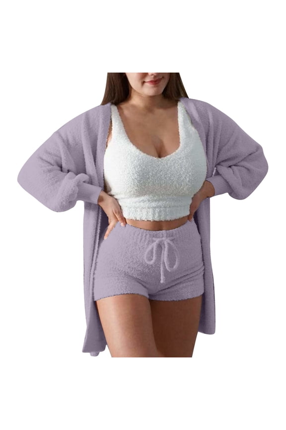 Womens Sexy Fuzzy 3 Piece Outfits Fleece Warm Hooded Cardigan Crop Top Shorts Set Pajamas Loungewear