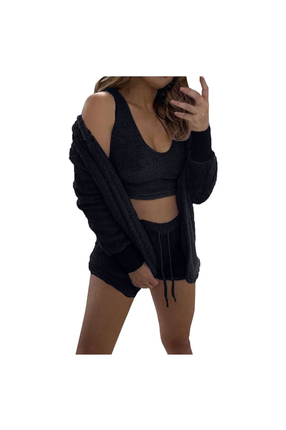 Womens Sexy Fuzzy 3 Piece Outfits Fleece Warm Hooded Cardigan Crop Top Shorts Set Pajamas Loungewear