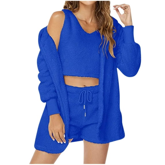 GERsome Womens Sexy Fuzzy Warm Sherpa Fleece 3 Piece Outfit Fleece Coat Jacket Outwear and Spaghetti Strap Crop Top Shorts Set