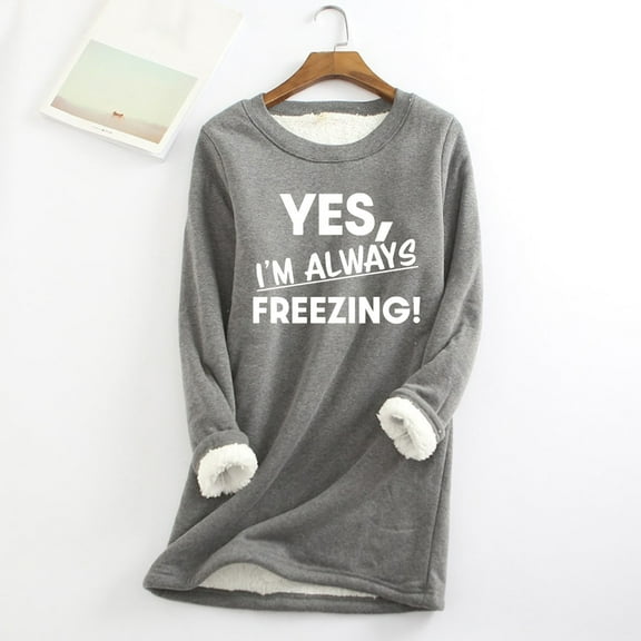 GERsome Womens Sherpa Lined Sweatshirts Casual Crewneck Letter Print Fleece Pullover Long Sleeve Thermal Shirts Tops S-XXL Dark Gray/L