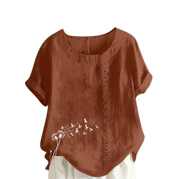 GERsome Womens Short Sleeve Crewneck T Shirts Plus Size Floral Tops Summer Loose Fit Button Up Tee Shirts, Sizes S-5XL
