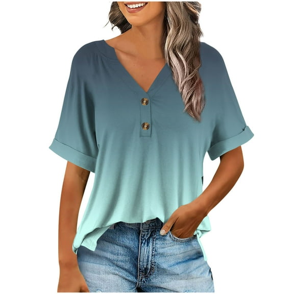 GERsome Womens Short Sleeve T-Shirts, Button Down Crew Neck Floral Shirts Summer Loose Fit Business Casual Dressy Work Shirts, Sizes S-2XL