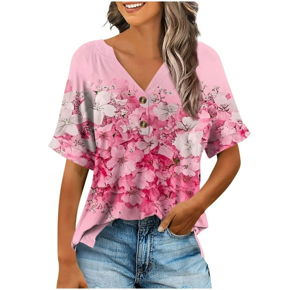 GERsome Womens Short Sleeve T-Shirts, Button Down Crew Neck Floral Shirts Summer Loose Fit Business Casual Dressy Work Shirts, Sizes S-2XL