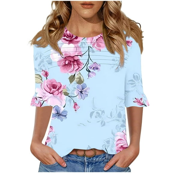 GERsome Womens Short Sleeve T-Shirts, Trendy 3/4 Ruffle Sleeve Crew Neck Floral Shirts Summer Loose Fit Business Casual Dressy Work Shirts, Sizes S-3XL