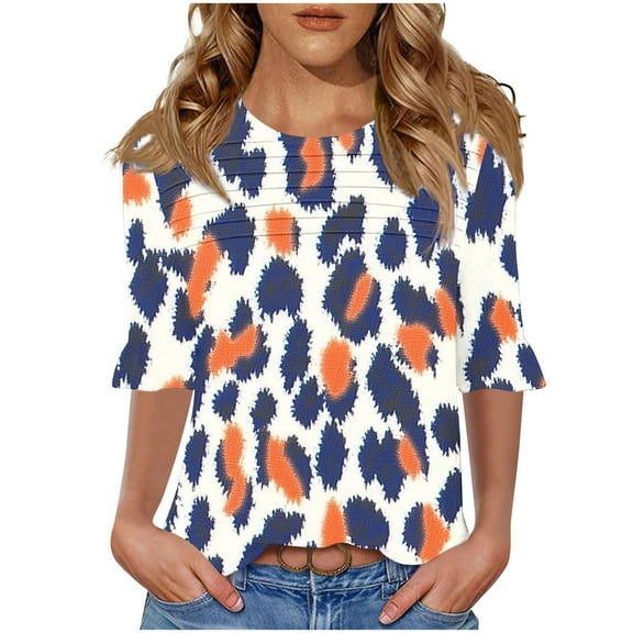 GERsome Womens Short Sleeve T-Shirts, Trendy 3/4 Ruffle Sleeve Crew Neck Floral Shirts Summer Loose Fit Business Casual Dressy Work Shirts, Sizes S-3XL